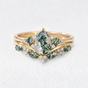Sylvie’s Vine | Pear Cut Moss Agate Engagement Ring Set 2pcs