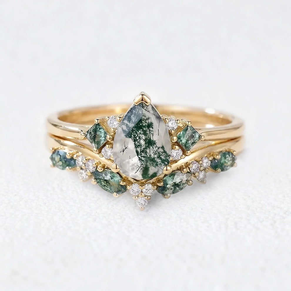 Sylvie’s Vine | Pear Cut Moss Agate Engagement Ring Set 2pcs.