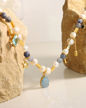 Eclectic Pearl Beaded Gold Chain Gemstone Charm Necklace