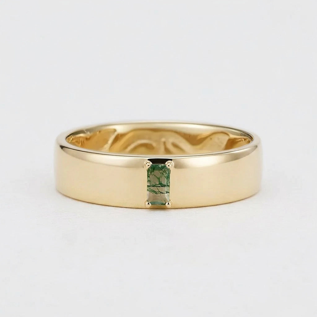 Moss Trace | Inner Engraved Moss Agate Men's Wedding Band.