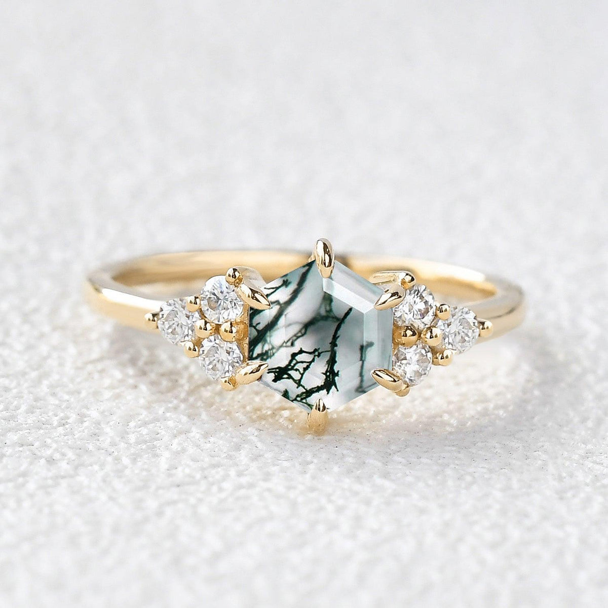 Sylvie’s Hexagon | Moss Agate Three Stone Cluster Engagement Ring.