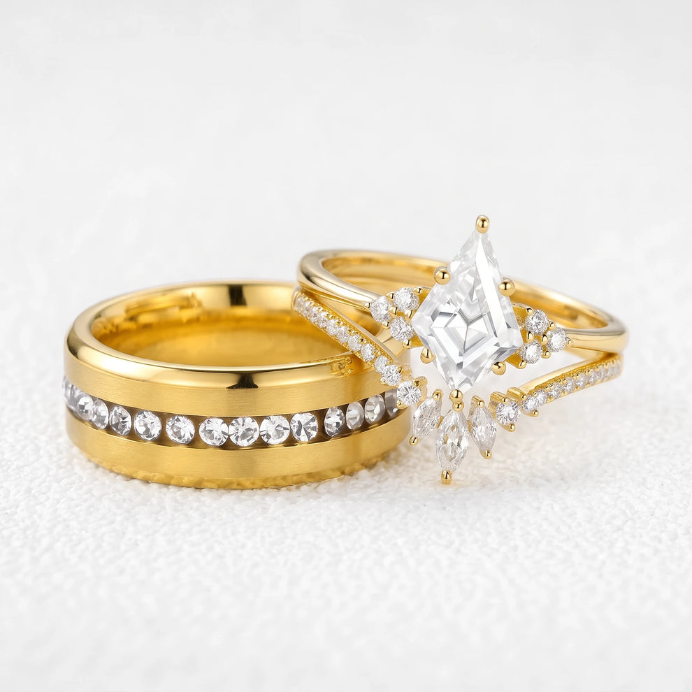 Aurora‘s Orbit | 1.5CT Kite Diamond Chevron & Eternity Band Couple Set 3pcs