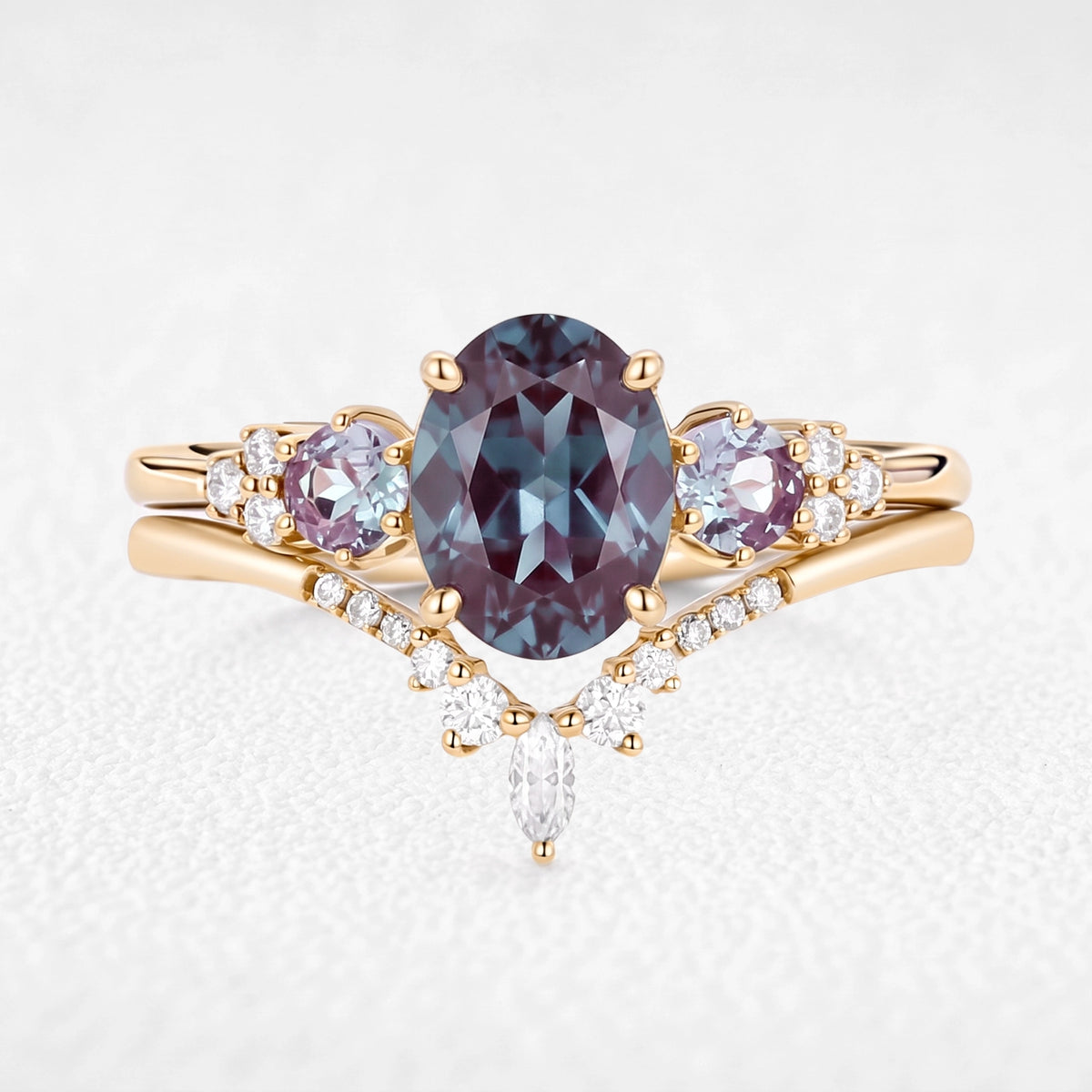 Sylvie’s Frond | Oval Cut Alexandrite Cluster Chevron Bridal Set 2pcs