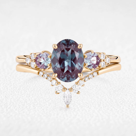 Sylvie’s Frond | Oval Cut Alexandrite Cluster Chevron Bridal Set 2pcs
