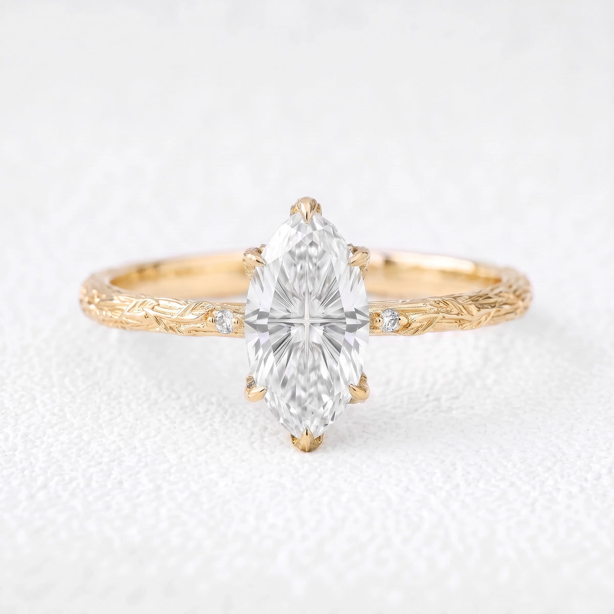 Miranda’s Aurora | Fantasy-Cut Marquise White Sapphire Foliage Filigree Vintage Engagement Ring