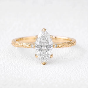 Miranda’s Aurora | Fantasy-Cut Marquise White Sapphire Foliage Filigree Vintage Engagement Ring