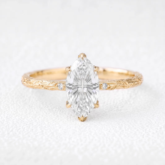 Miranda’s Aurora | Fantasy-Cut Marquise White Sapphire Foliage Filigree Vintage Engagement Ring