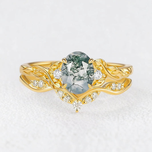 Oval Shaped Moss Agate Leafy Engagement Ring Set 2pcs