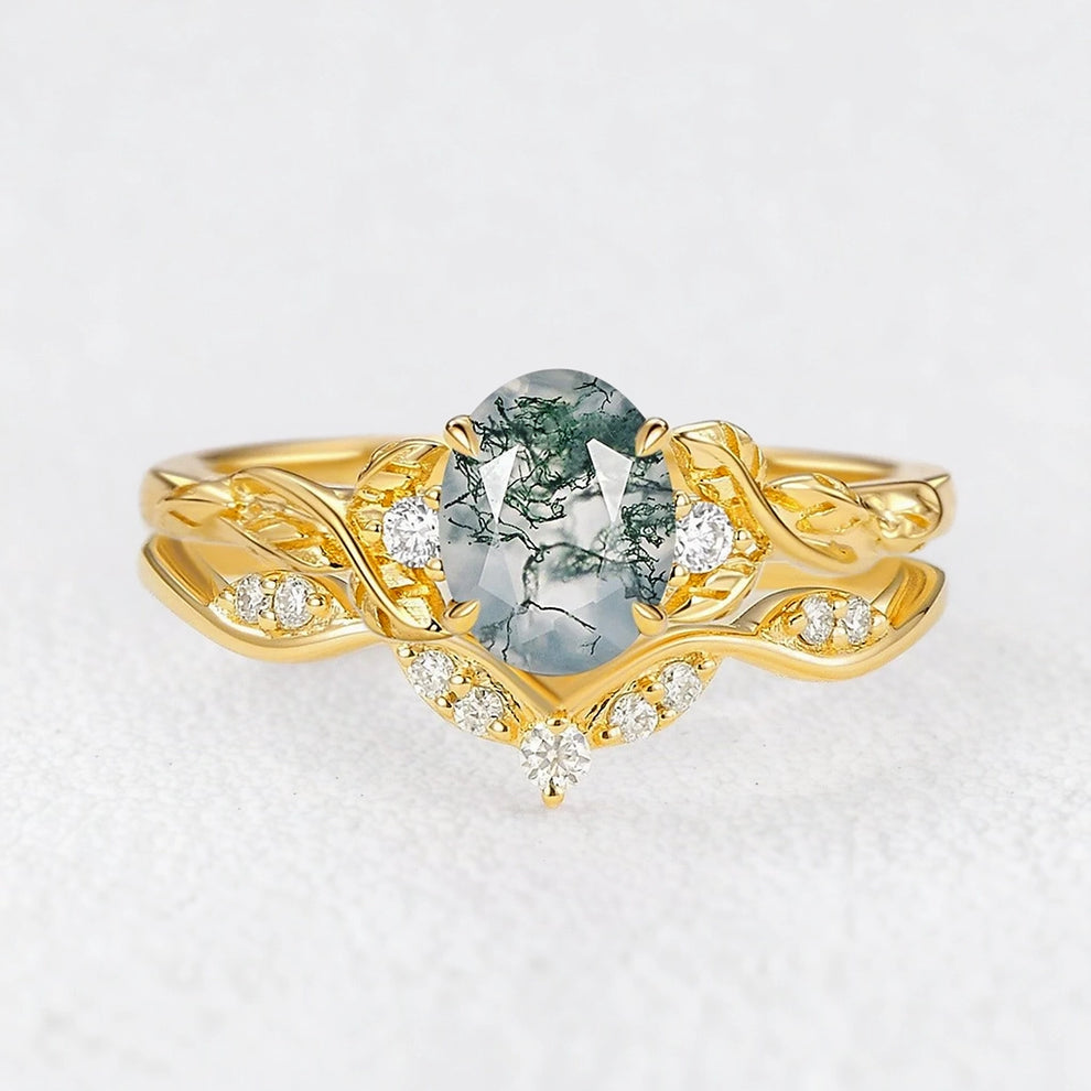 Oval Shaped Moss Agate Leafy Engagement Ring Set 2pcs