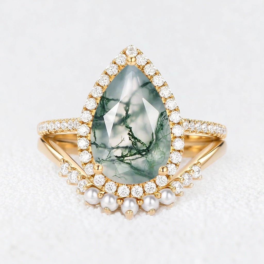 Genevieve’s Luminary | 4CT Pear Moss Agate & Pearl Halo Bridal Duo