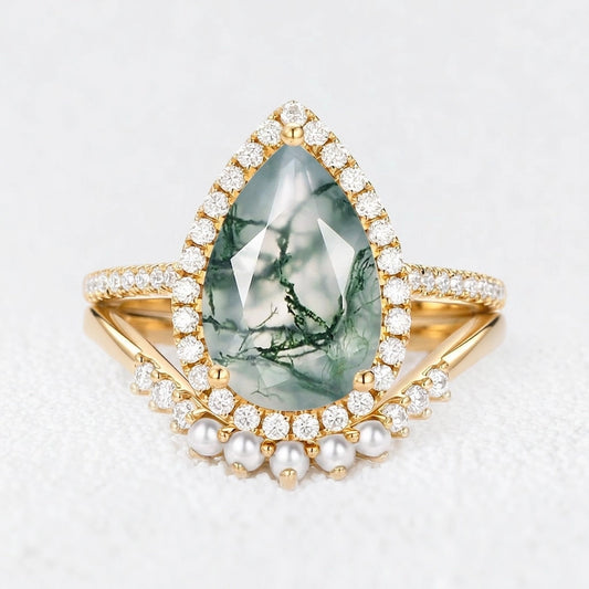 Verena 4.0ct Pear Moss Agate & Pearl Halo Ring Set 2pcs
