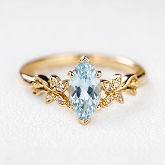 Marina’s Foliage | Marquise Blue Aquamarine Botanical Engagement Ring