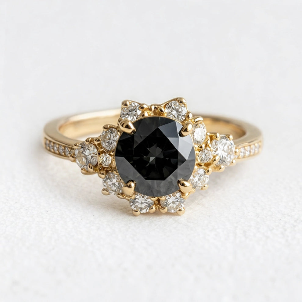 Marina’s Nocturne | Round Black Diamond Halo Engagement Ring.