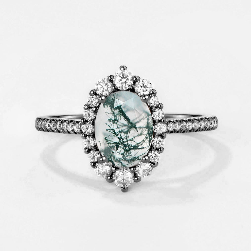 Thalia’s Verdure | Oval Cut Halo Moss Agate Engagement Ring.