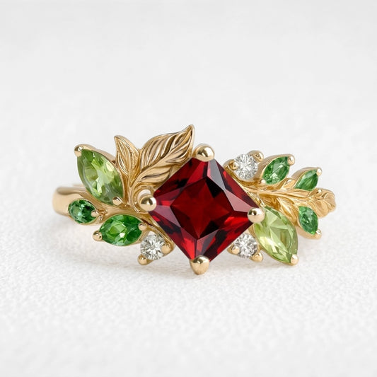 Rosalind’s Ode | Princess Cut Ruby Grand Foliage Engagement Ring