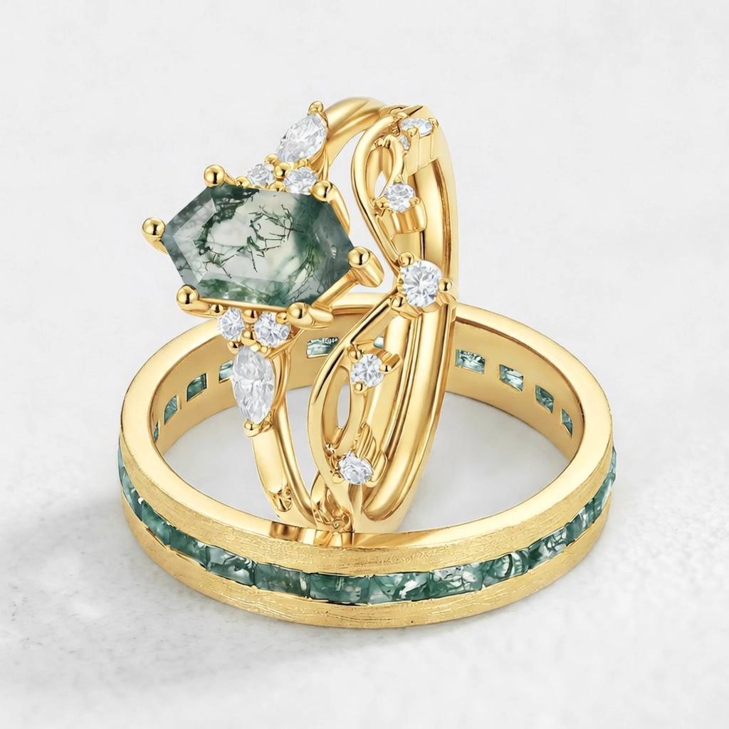 Maia’s Glade | Long Hexagon Moss Agate Leafy Couple Ring Set 3pcs.
