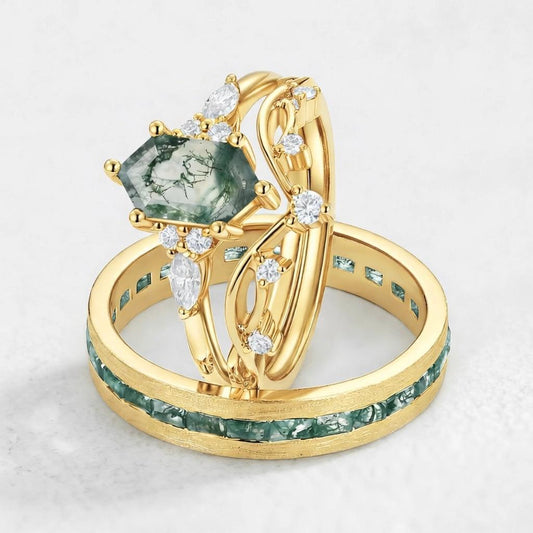 Maia’s Glade | Long Hexagon Moss Agate Leafy Couple Ring Set 3pcs.
