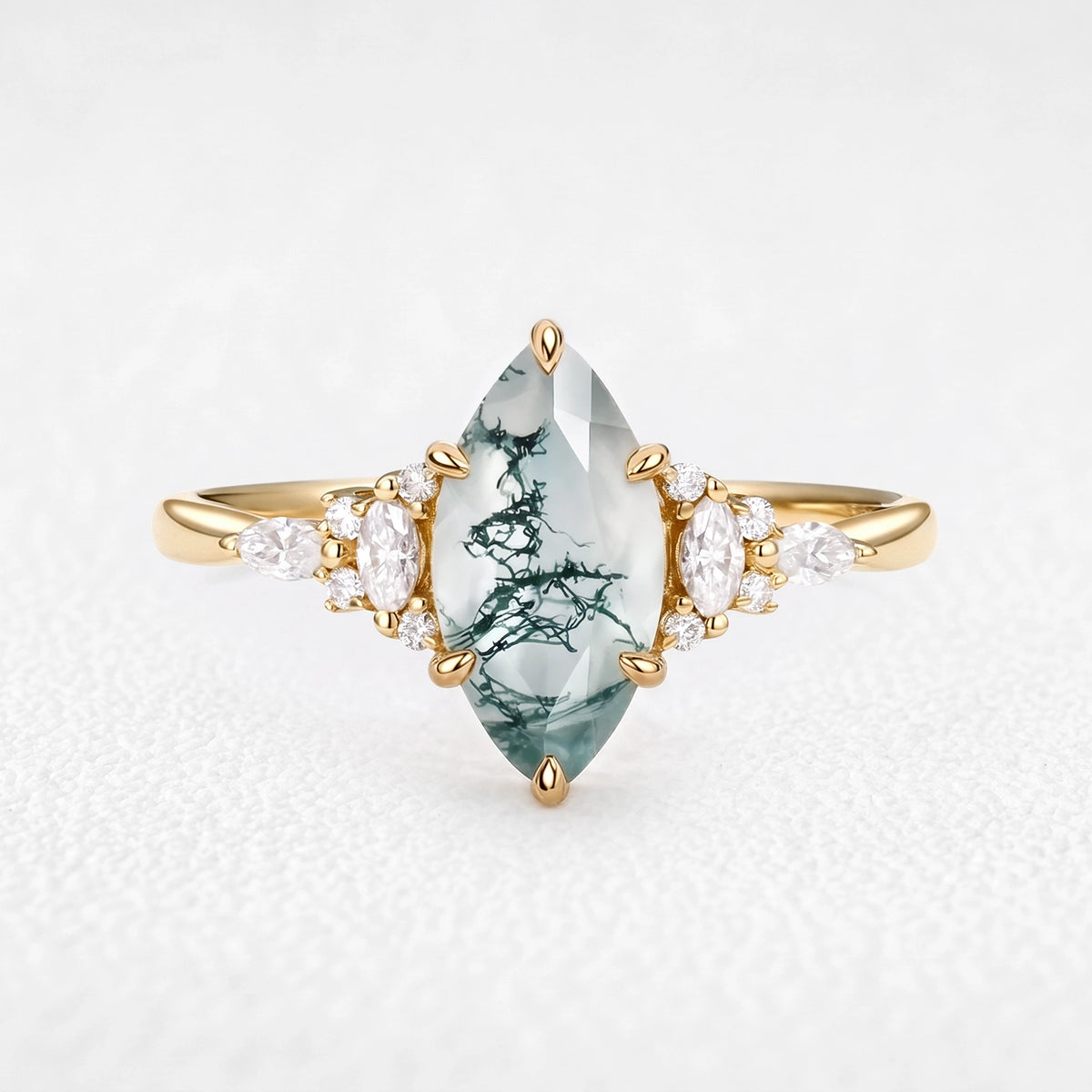 Sylvie’s Dew | Classic Marquise Moss Agate Engagement Ring with Diamond Accents