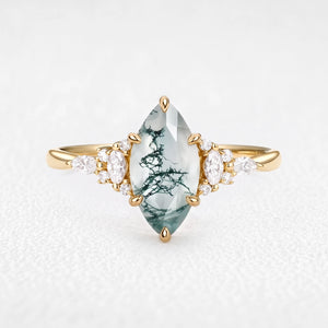 Sylvie’s Dew | Classic Marquise Moss Agate Engagement Ring with Diamond Accents