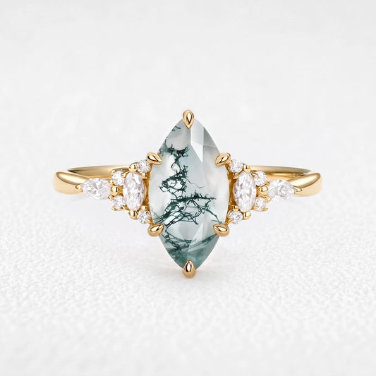 Sylvie’s Dew | Classic Marquise Moss Agate Engagement Ring with Diamond Accents