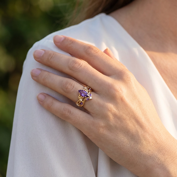 Violet’s Twig | Vintage Marquise Amethyst & Diamond Bridal Set 2pcs.