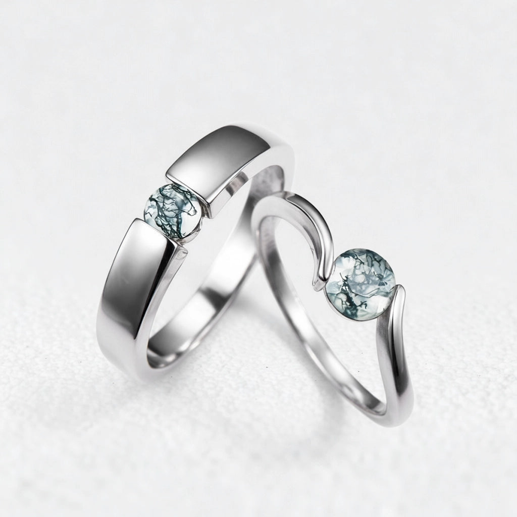 One Stone Duo | Round Moss Agate Couple Ring Set 2pcs.