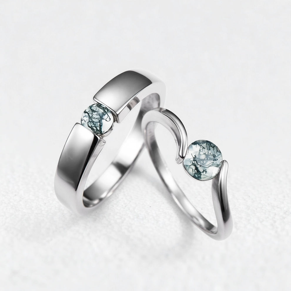 One Stone Duo | Round Moss Agate Couple Ring Set 2pcs.