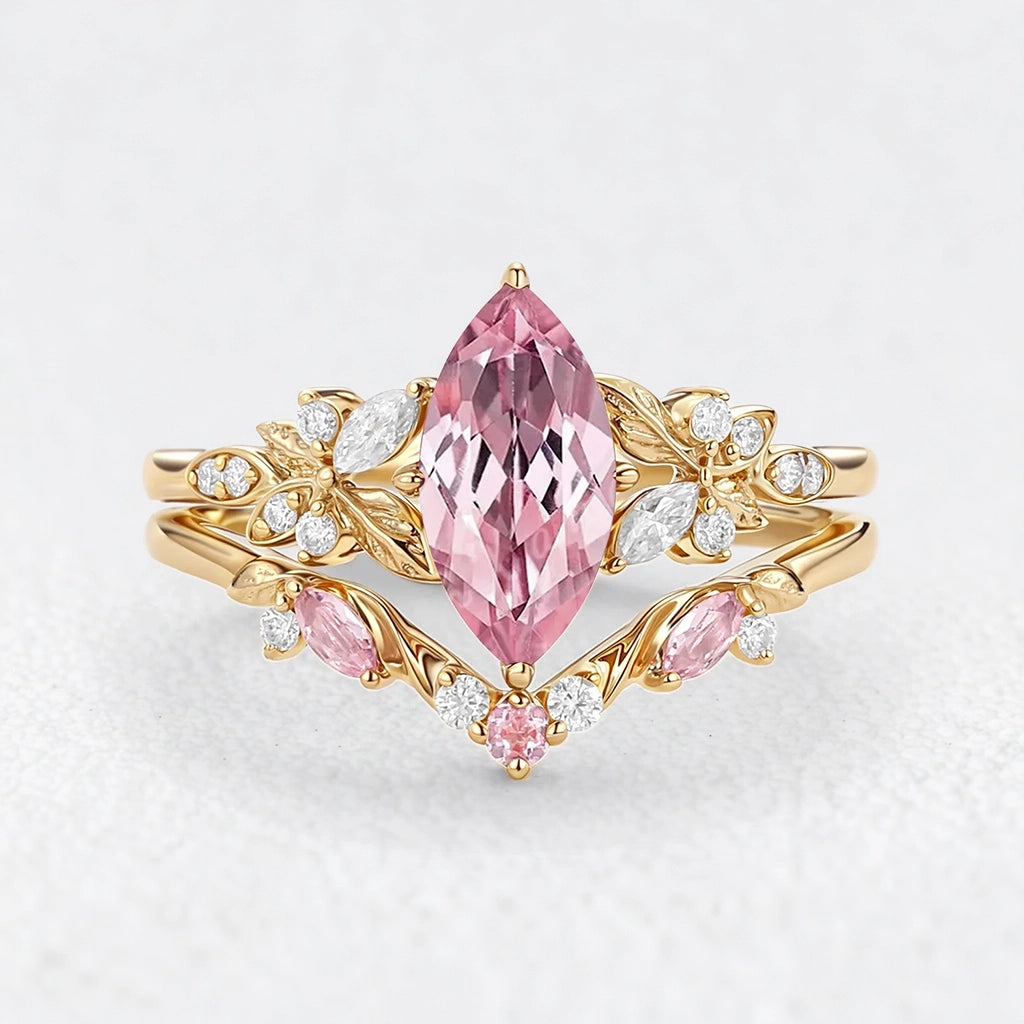 Peony's Bloom | Marquise Pink Sapphire Bridal Set 2pcs