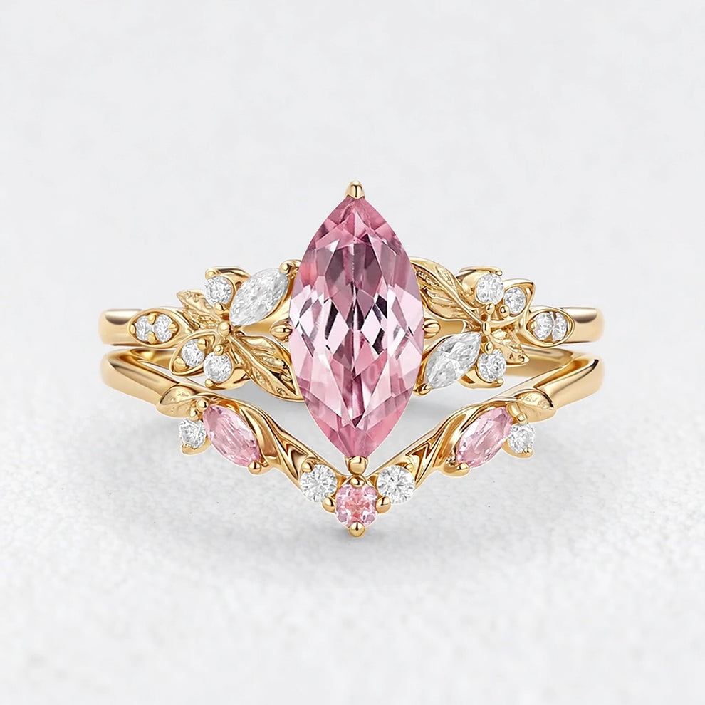 Peony's Bloom | Marquise Pink Sapphire Bridal Set 2pcs