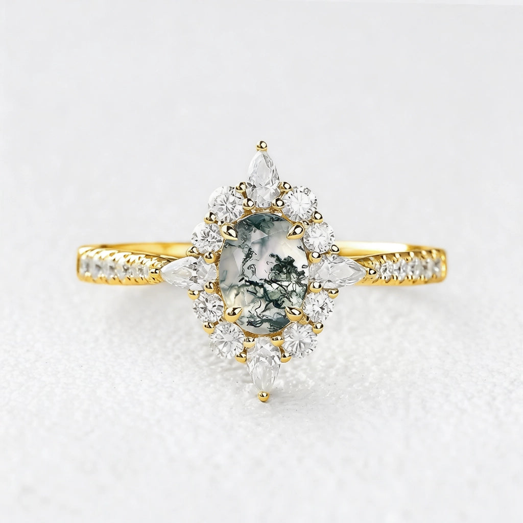 Isadora’s Meadow | Vintage Oval Moss Agate Halo Engagement Ring