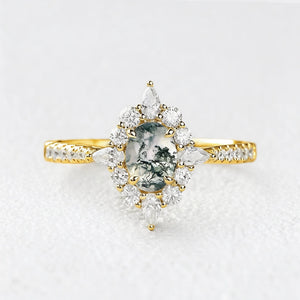 Isadora’s Meadow | Vintage Oval Moss Agate Halo Engagement Ring