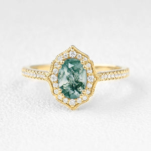 Oval Moss Agate White Gold Antique Halo Engagement Ring.