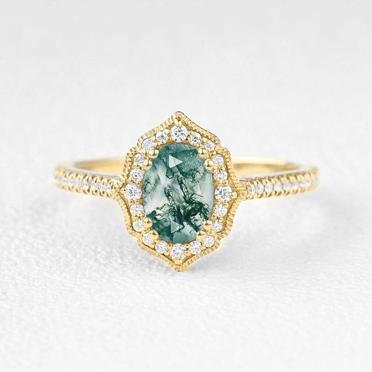 Oval Moss Agate White Gold Antique Halo Engagement Ring.