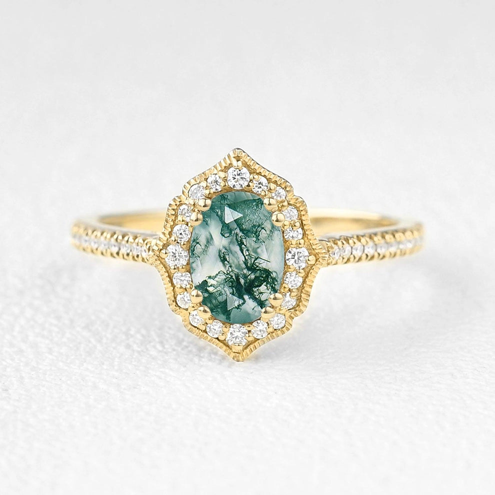 Oval Moss Agate White Gold Antique Halo Engagement Ring.
