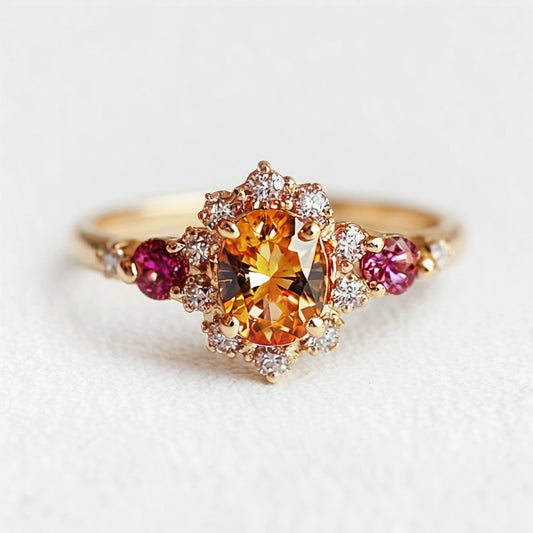 Flora's Wreath | Oval Mandarin Garnet & Multi‑Stone Halo Engagement Ring
