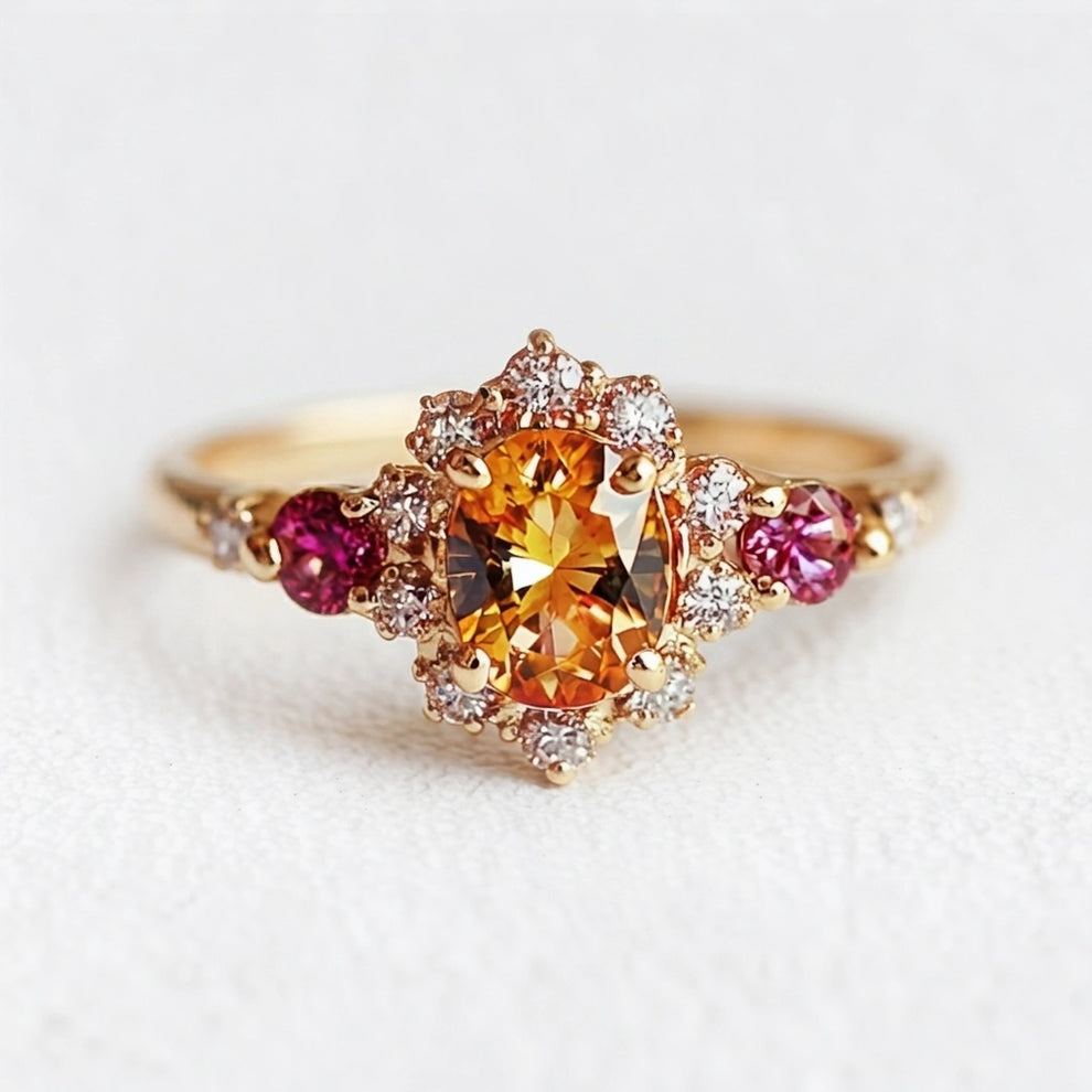 Flora's Wreath | Oval Mandarin Garnet & Multi‑Stone Halo Engagement Ring.