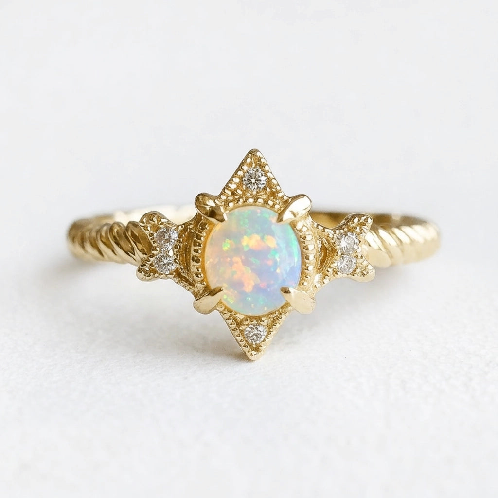 Aurora’s Lattice | Oval Opal Engagement Ring with Lozenge Weave Setting.