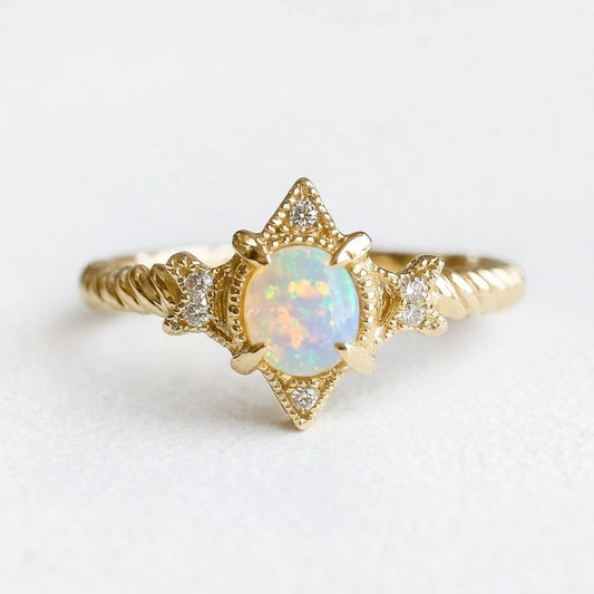 Aurora’s Lattice | Oval Opal Engagement Ring with Lozenge Weave Setting.