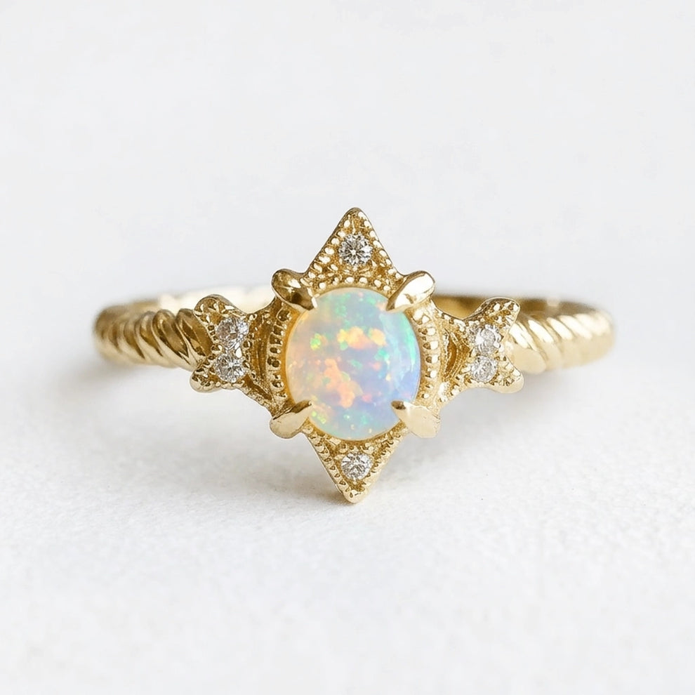 Aurora’s Lattice | Oval Opal Engagement Ring with Lozenge Weave Setting.