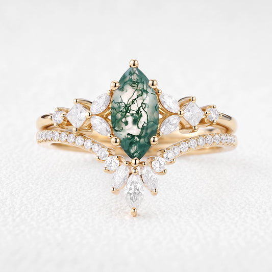 Diana’s Glade | Marquise Moss Agate Cluster Chevron Bridal Set 2pcs