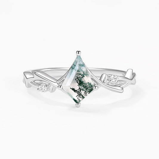 Branch Moss Agate Kite Cut Engagement Ring.
