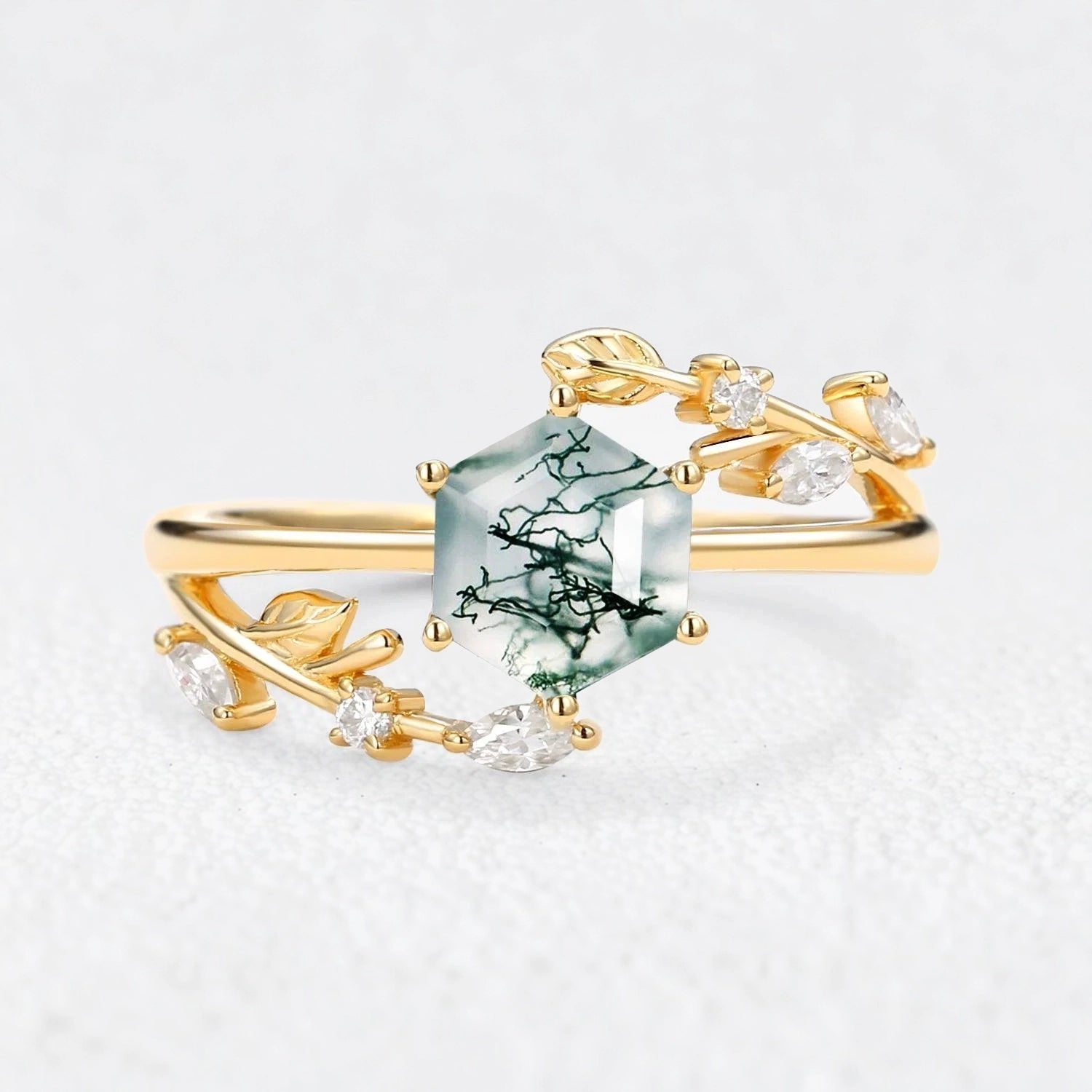 Celestia’s Haven | Hexagon Cut Moss Agate Foliage Engagement Ring