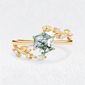 Celestia’s Haven | Hexagon Cut Moss Agate Foliage Engagement Ring