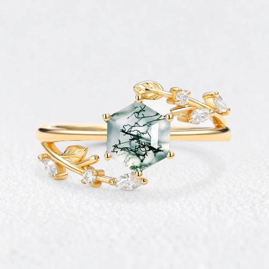 Celestia’s Haven | Hexagon Cut Moss Agate Foliage Engagement Ring