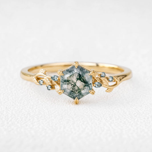 Celandine’s Twine | Hexagon Cut Moss Agate Foliage Engagement Ring