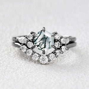 1.0ct Hexagon Moss Agate Cluster Engagement Ring Set 2pcs.