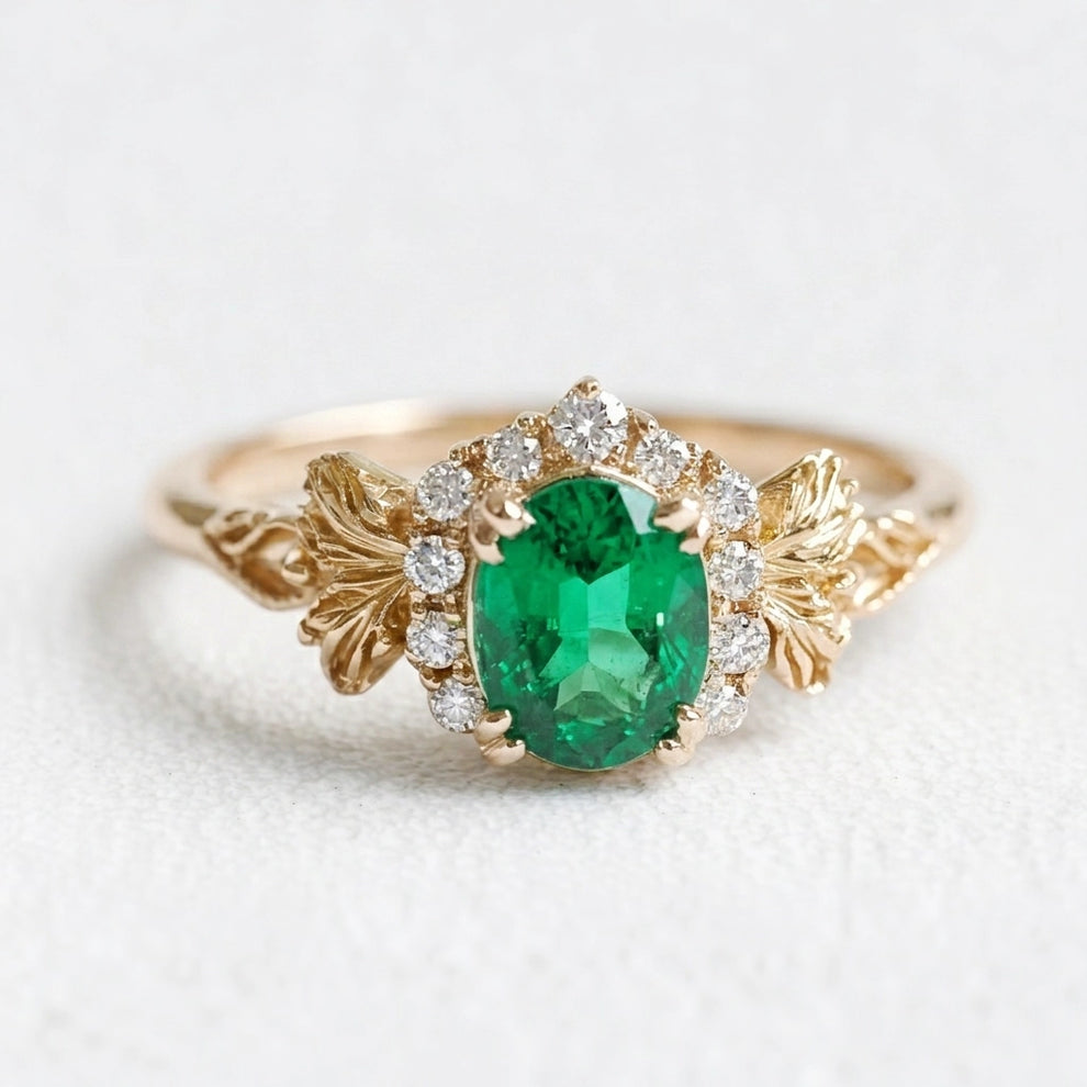 Isolde’s Halo | Rectangular Natural Emerald Engagement Ring with Diamond Halo.