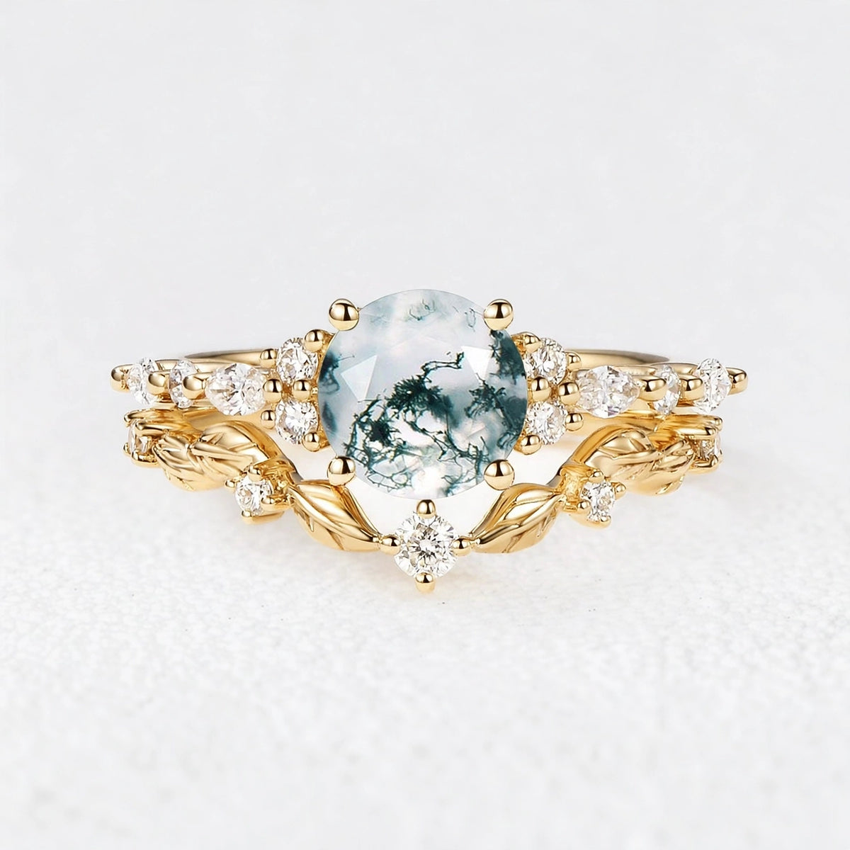 Isadora’s Verdant | Round Moss Agate Vine Engagement Bridal Set 2pcs