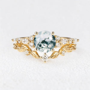 Isadora’s Verdant | Round Moss Agate Vine Engagement Bridal Set 2pcs