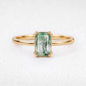 Cordelia’s Pavilion | Emerald Cut Moss Agate Solitaire Engagement Ring